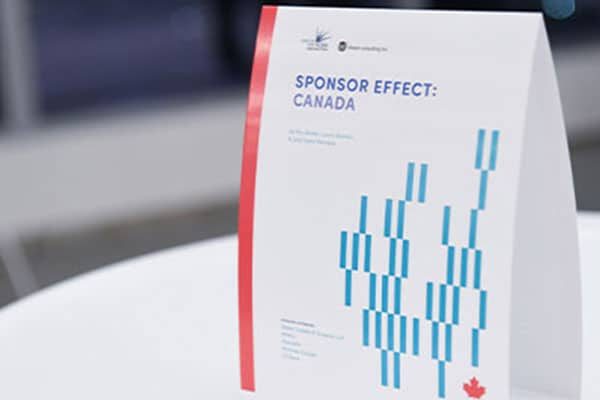 Cover of Sponsor Effect: Canada printed on a table topper sitting on a white conference table